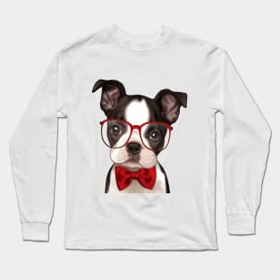 Boxer Puppy wearing Red Glasses and Bow Tie Long Sleeve T-Shirt